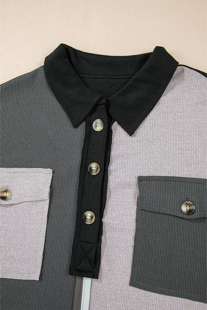 Colorblock Collared Ribbed Patchwork Pocketed Sweatshirt