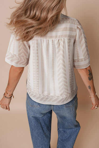 Geometric V-Neck Short Sleeve Blouse