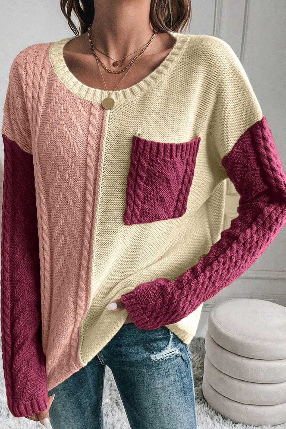 Colorblock Cable Patch Pocket Sweater