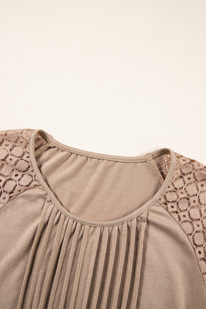 Lace Patchwork Raglan Sleeve Pleated Top