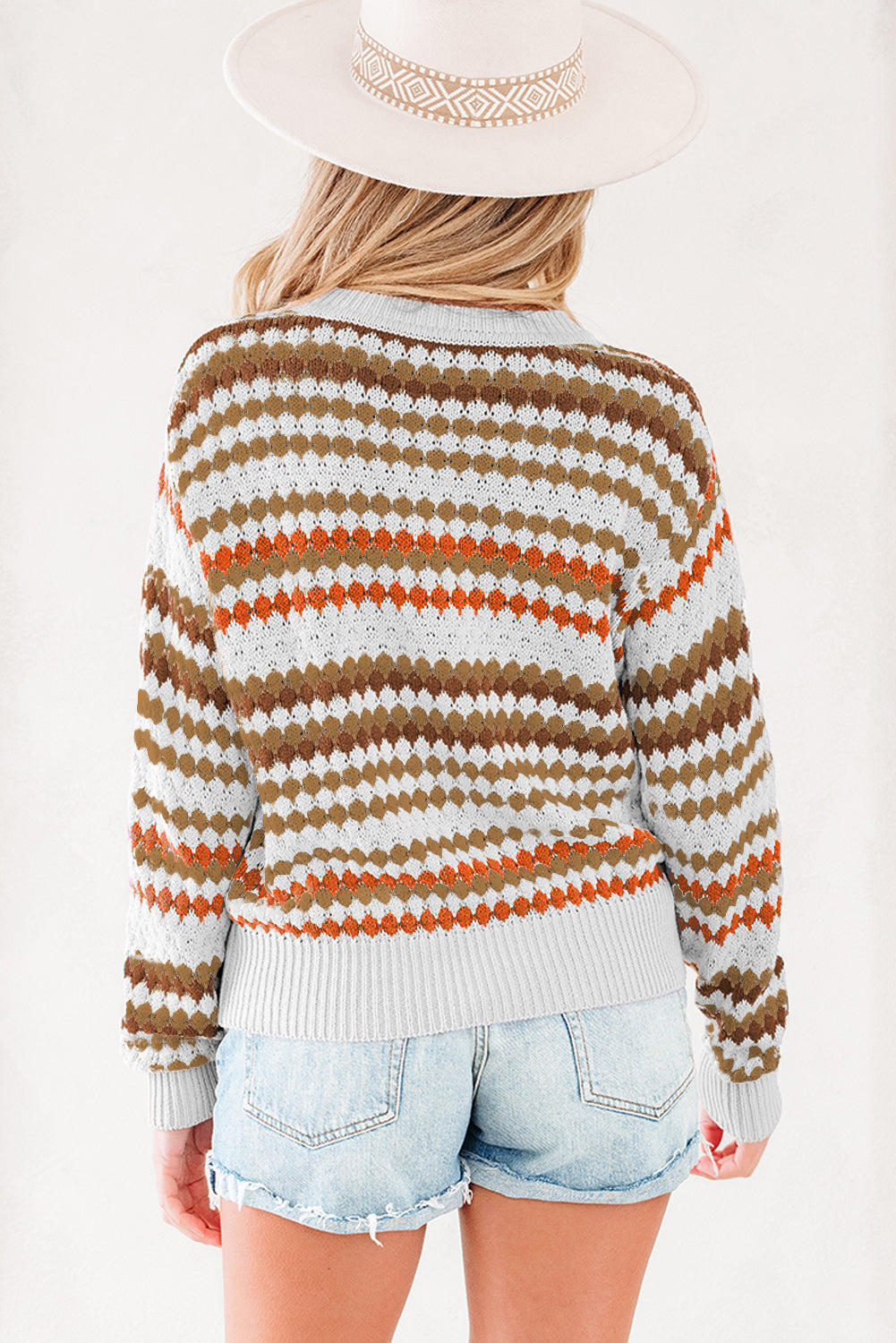 Stripe Eyelet Knit Drop Shoulder Sweater