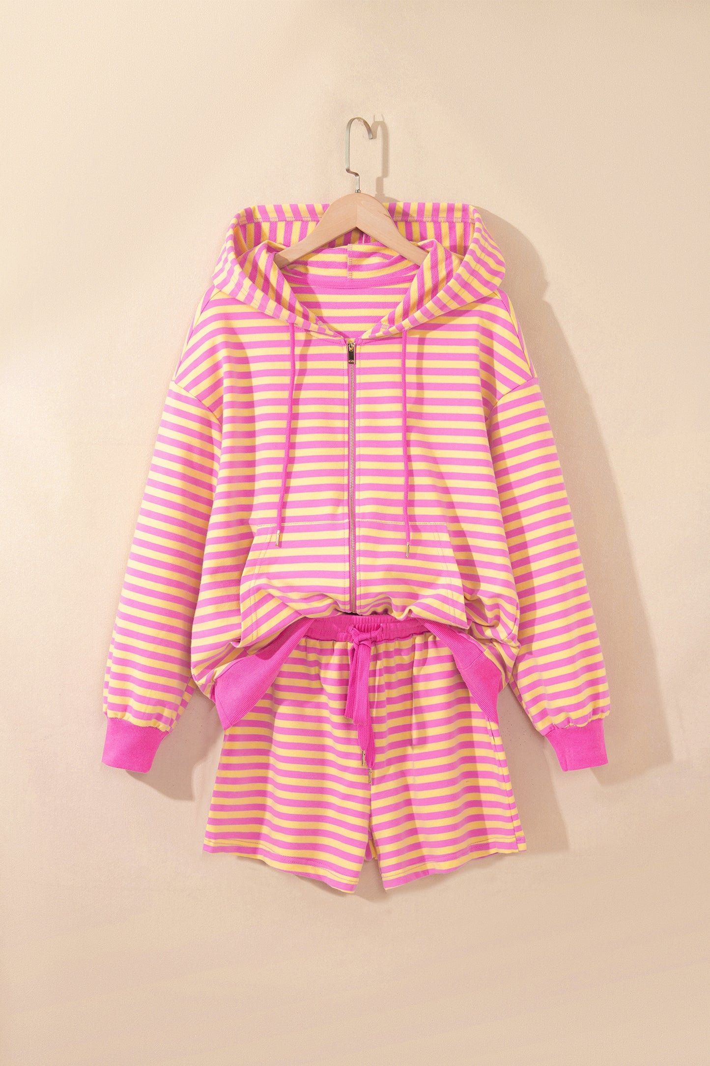 Stripe Long Sleeve Zip-Up Hoodie & Shorts Set