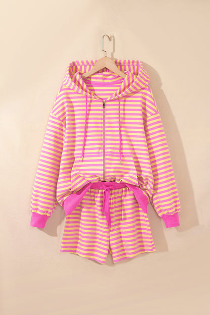 Stripe Long Sleeve Zip-Up Hoodie & Shorts Set