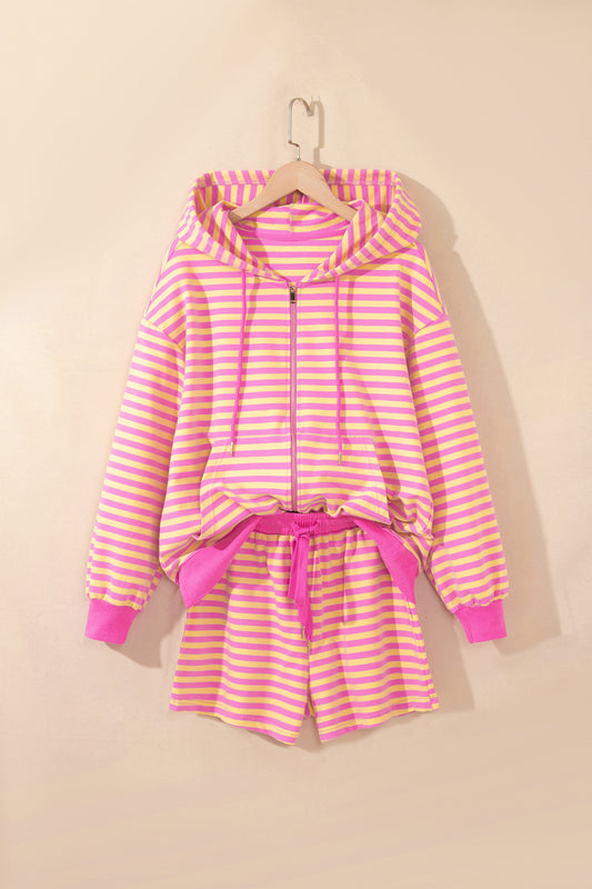 Stripe Long Sleeve Zip-Up Hoodie & Shorts Set