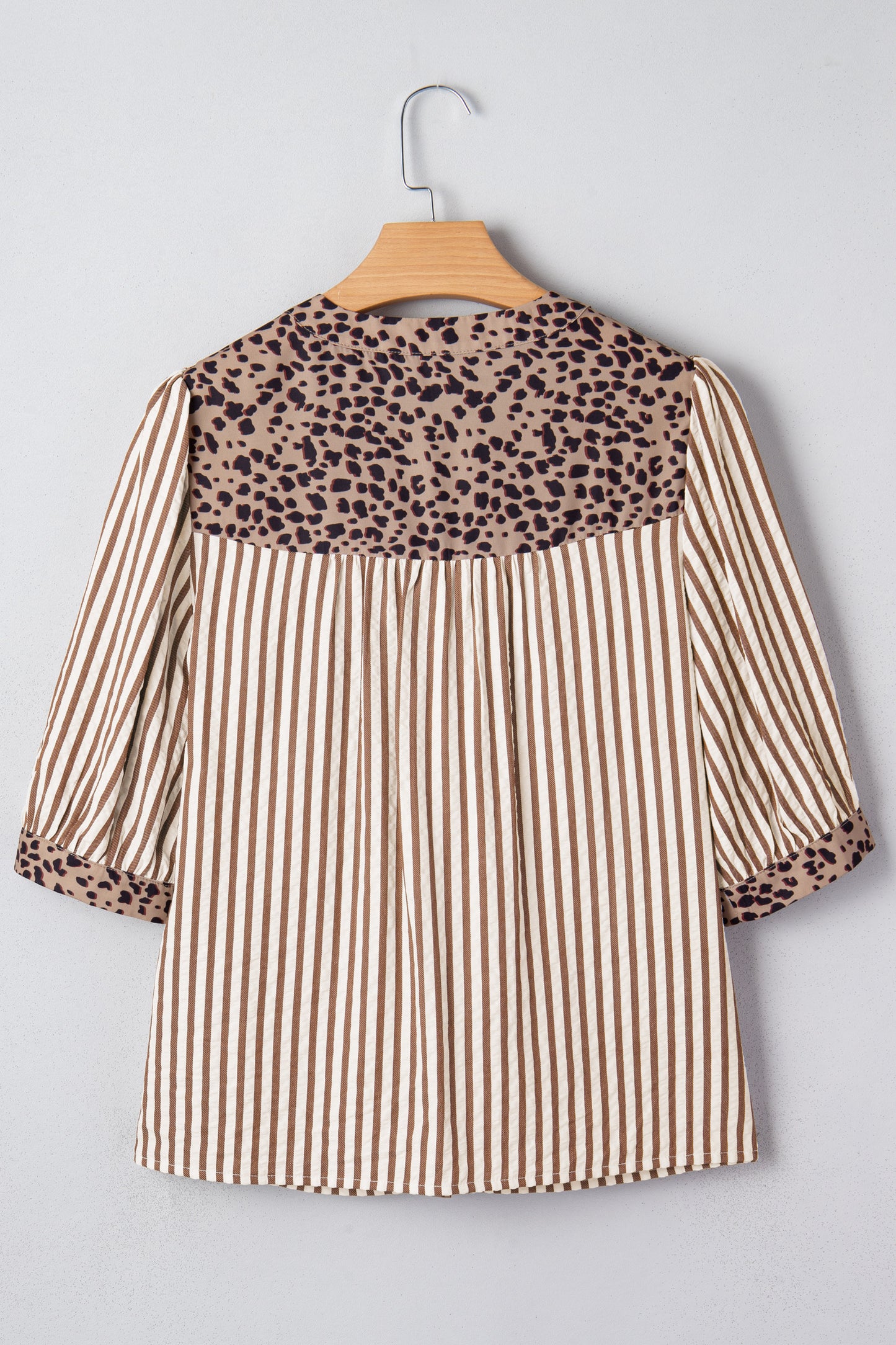Stripe Leopard Trim V-Neck Buttoned Short Sleeve Shirt