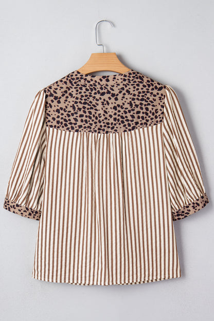 Stripe Leopard Trim V-Neck Buttoned Short Sleeve Shirt