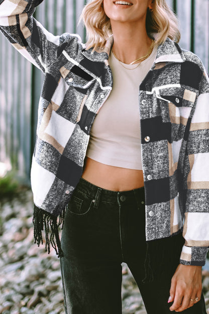 Plaid Pocket Fringed Hem Jacket