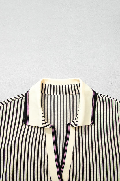 Plus Size Stripe Patchwork Collared V-Neck Peplum Blouse