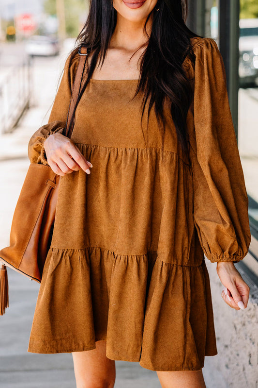 Corduroy Puff Sleeve Tiered Dress