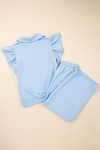 Textured Ruffle Half Zip Top and Pants Set