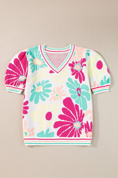 Floral V-Neck Short Sleeve Sweater