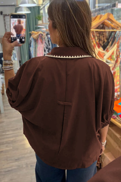 Contrast Trim Button V-Neck Short Sleeve Blouse