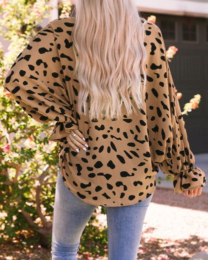 Leopard Ruffle Long Sleeve Blouse