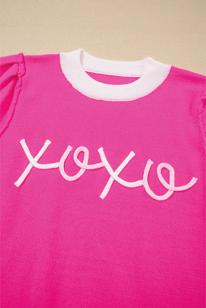 Valentine XOXO Embroidered Puff Sleeve Sweater Tee