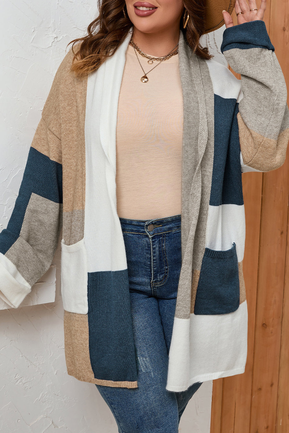 Plus Size Colorblock Open Front Pocketed Cardigan