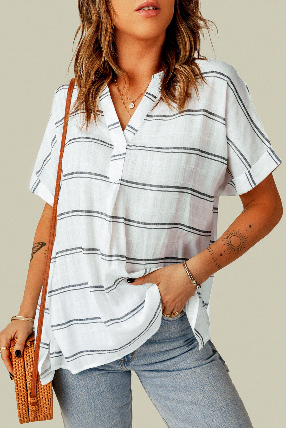 Plaid Split Hem V-Neck Shirt