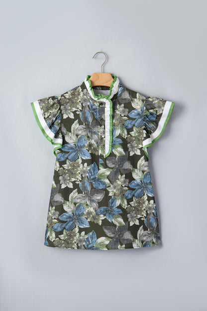 Floral Ruffle Short Sleeve Half Buttoned Blouse