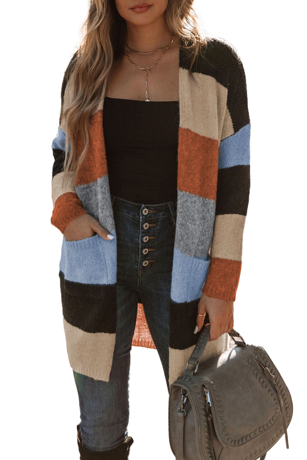 Colorblock Pocketed Open Front Cardigan