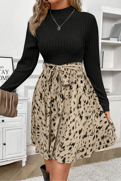 Leopard Patchwork Ribbed Belted Dress