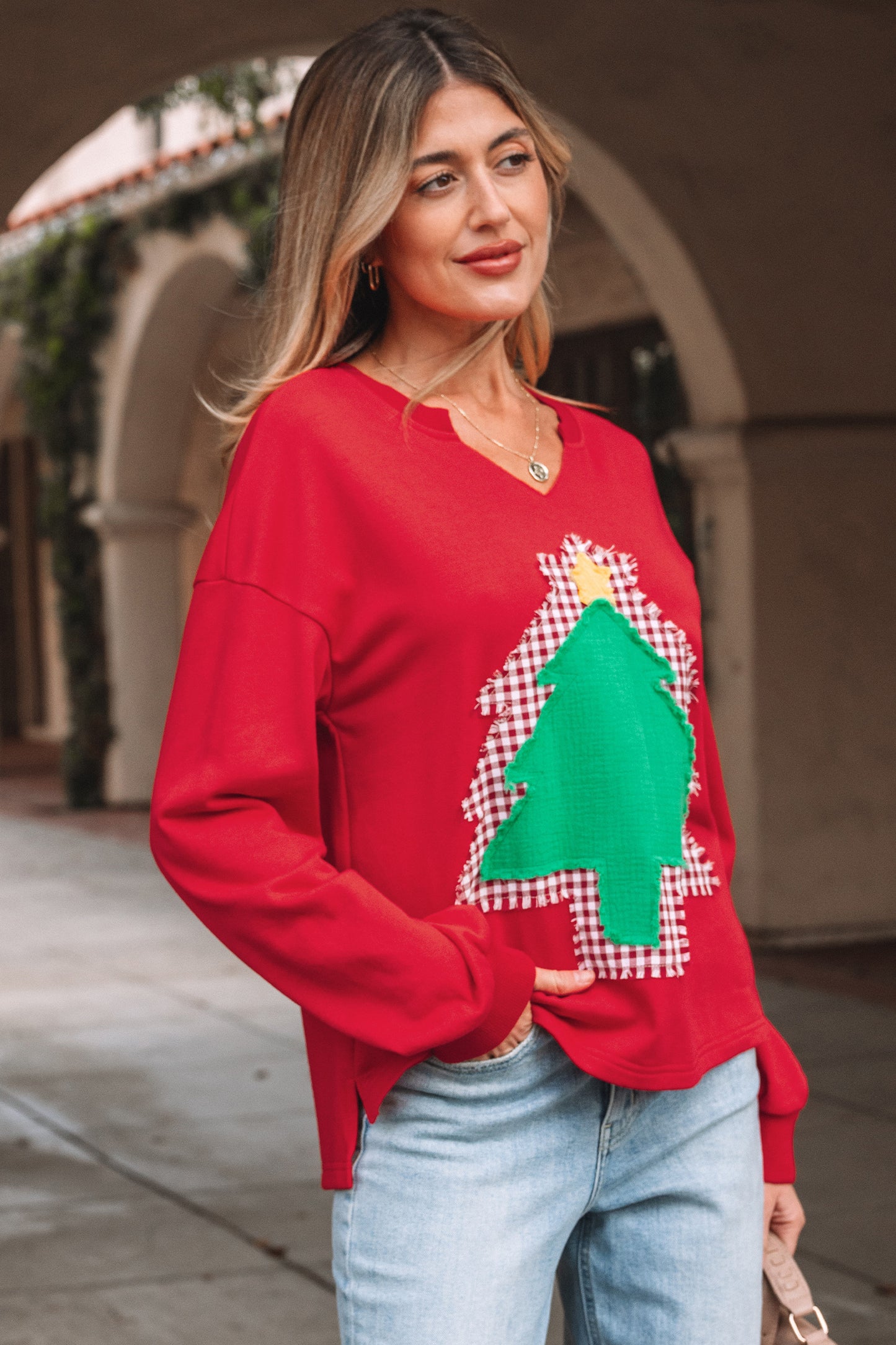 Christmas Tree Plaid Patchwork Drop Shoulder Sweatshirt