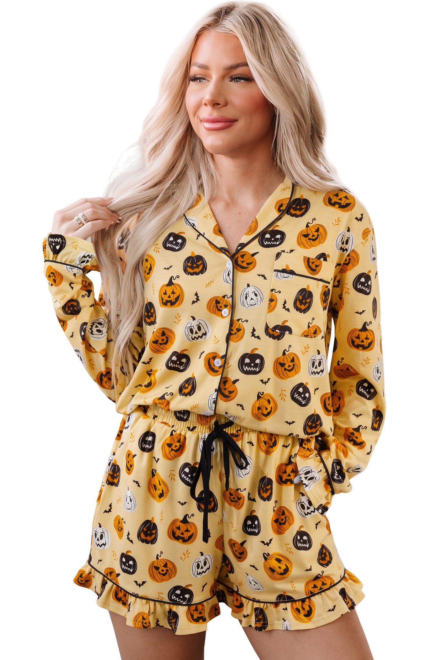 Halloween Jack-O-Lantern Ruffle Top & Shorts Lounge Set