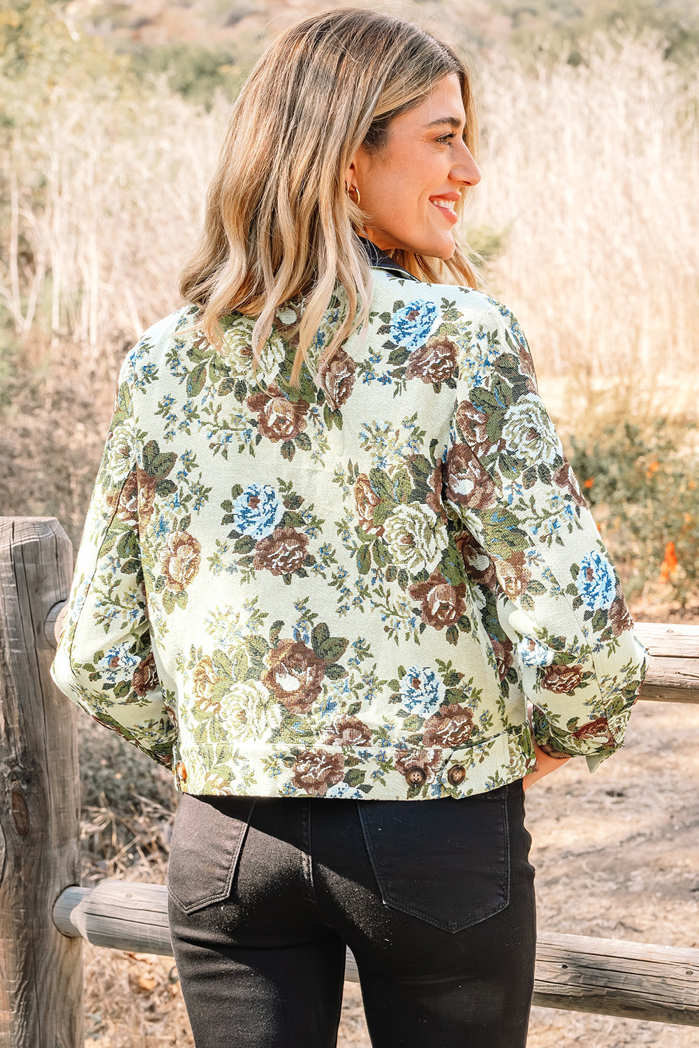 Floral Zip-Up Contrast Collared Jacket