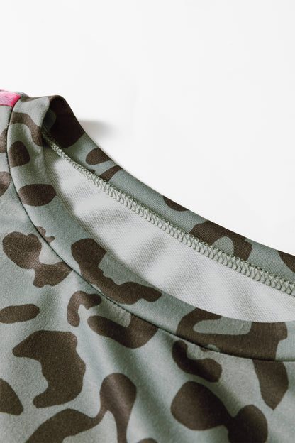 Leopard Varsity Stripe Trim Long Sleeve Top