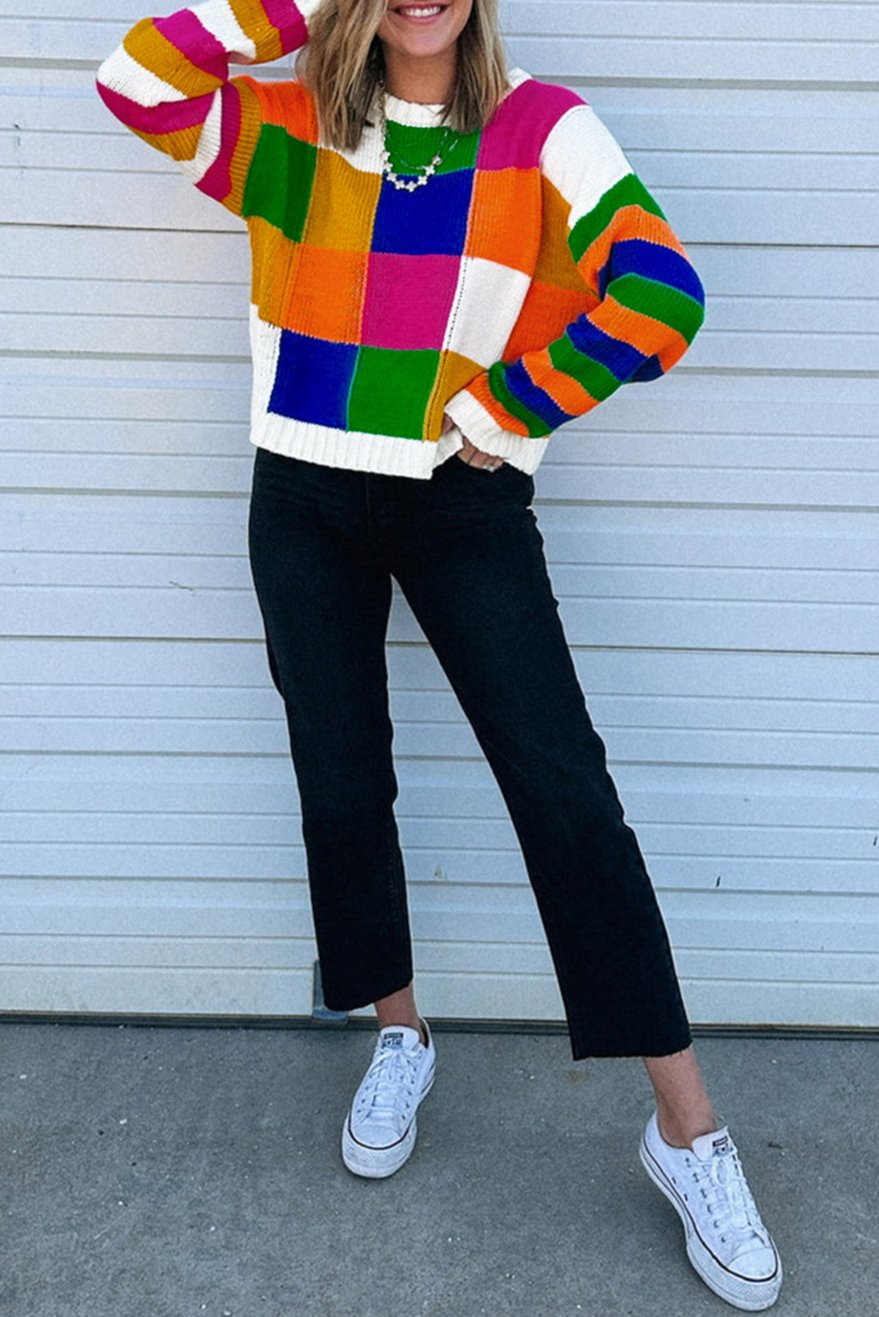 Checker Colorblock Round Neck Sweater