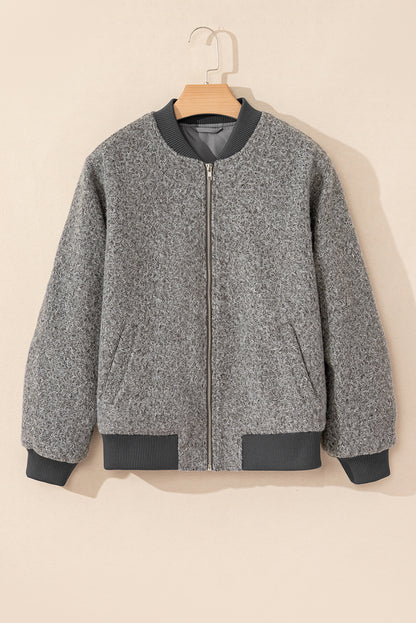 Fleece Zip Up Pocketed Bomber Jacket