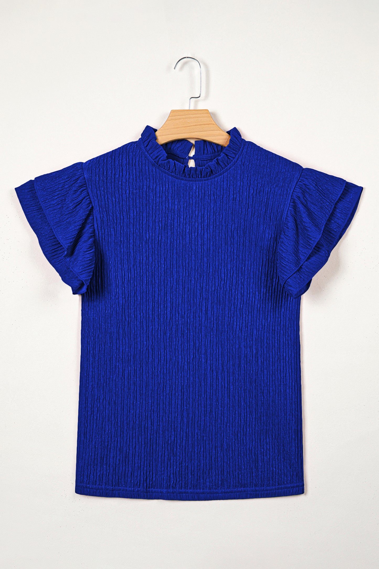 Solid Textured Ruffle Trim Short Sleeve Blouse