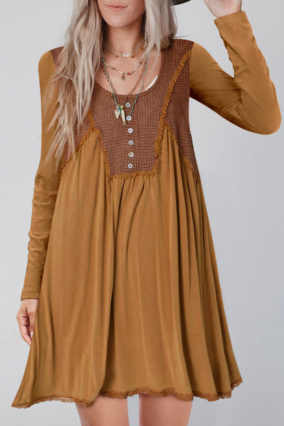 Waffle Patchwork Long Sleeve Dress