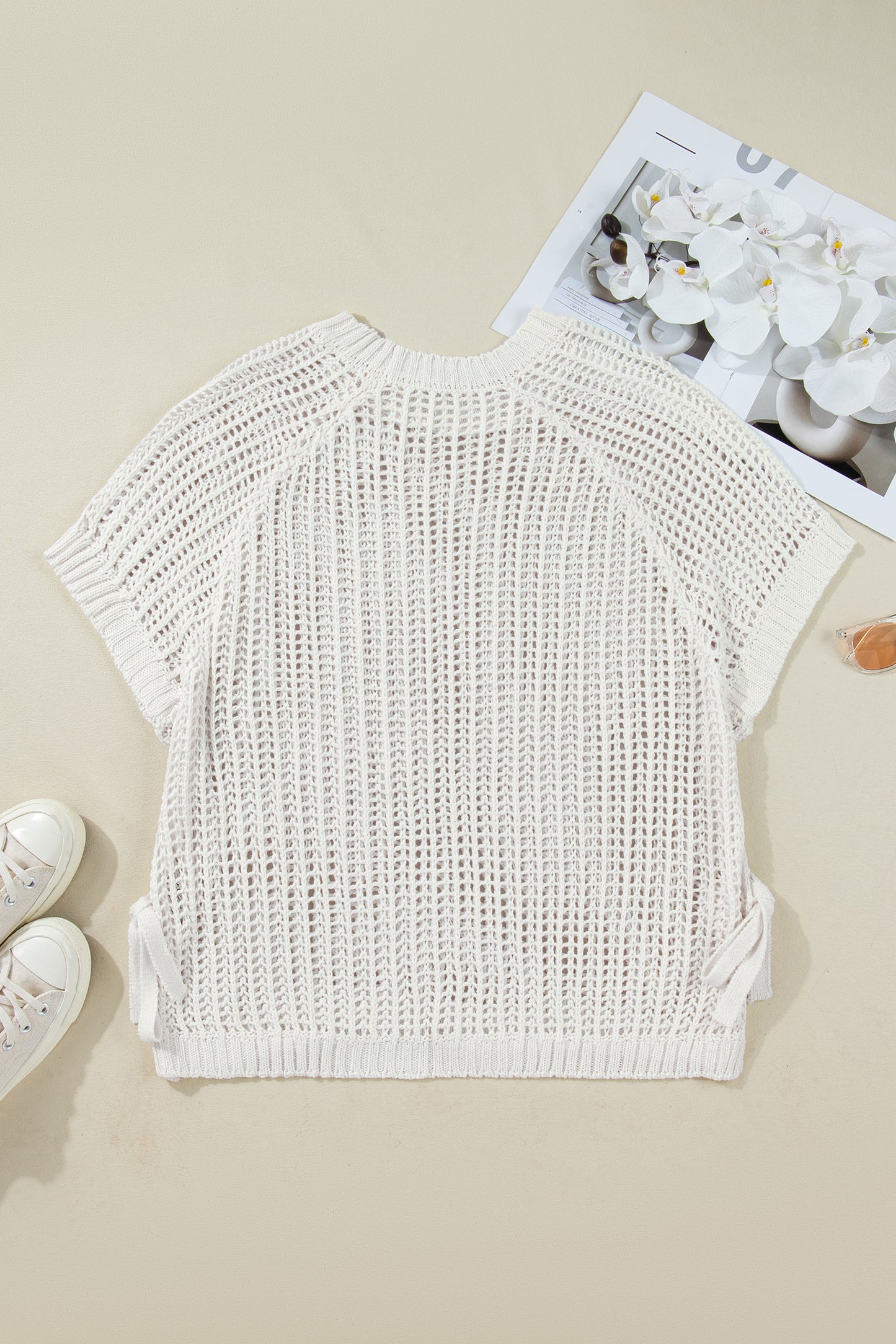 Plus Size Crochet Bow Tie Short Sleeve Sweater