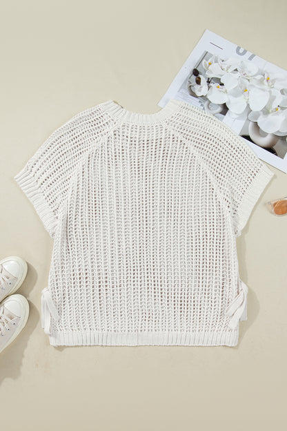 Plus Size Crochet Bow Tie Short Sleeve Sweater