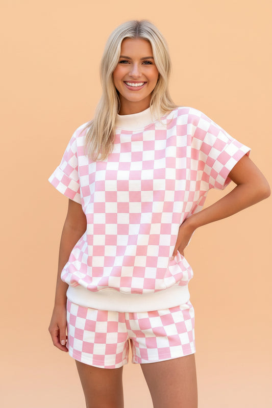 Checker Colorblock Mock Neck Top & Short Set