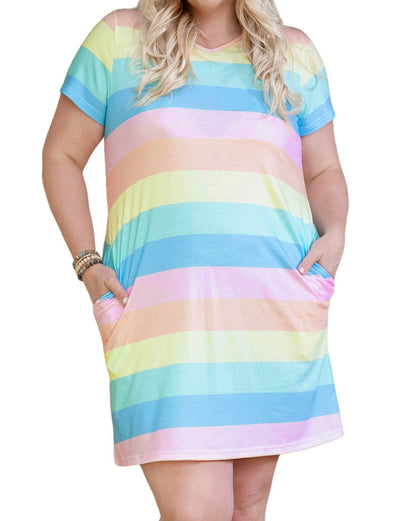 Colorblock Pocketed V-Neck T-Shirt Dress