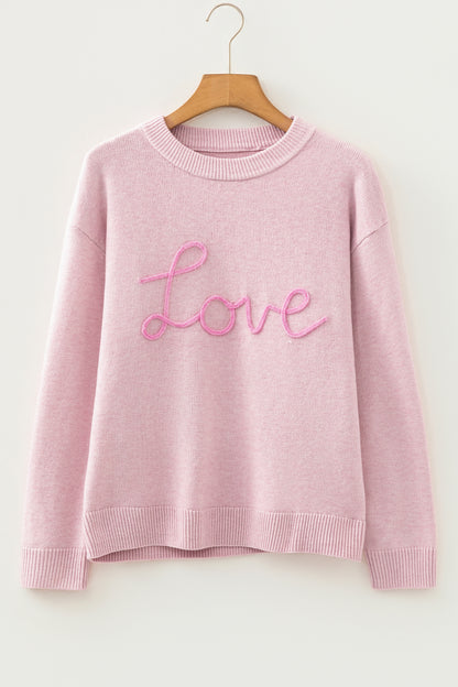 Corded Knit Love Script Graphic Baggy Sweater