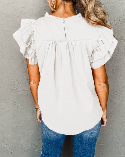 Pleated Ruffle Short Sleeve Blouse