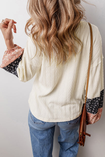 Floral Patchwork Textured Knit V-Neck Blouse