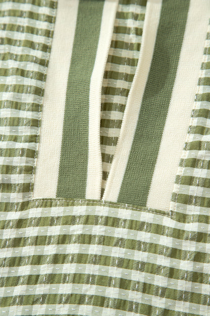 Gingham Plaid Colorblock Trim Split Neck Blouse