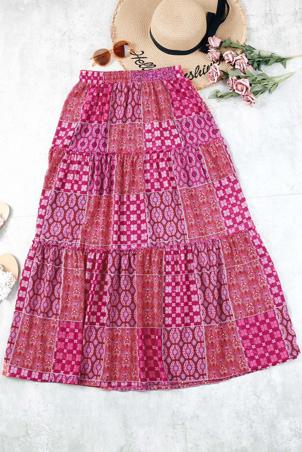 Paisley Ruffle Tiered Pocketed Maxi Skirt