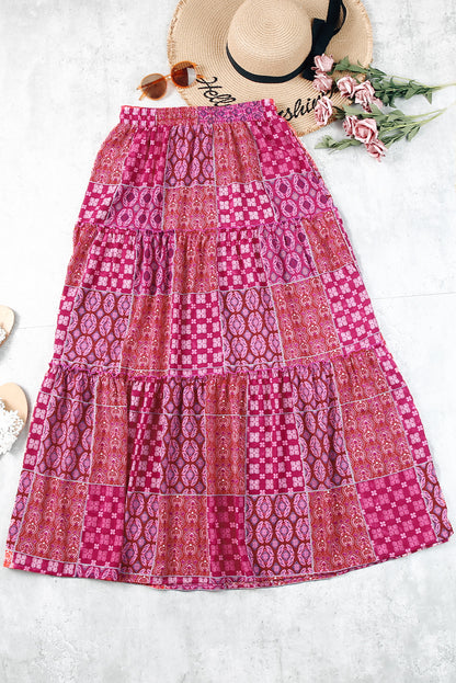 Paisley Ruffle Tiered Pocketed Maxi Skirt