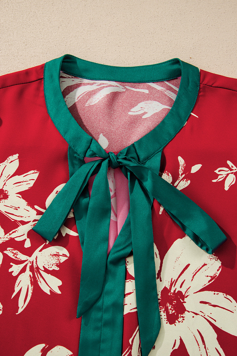 Flower Tied Neck Shirred Puff Sleeve Blouse