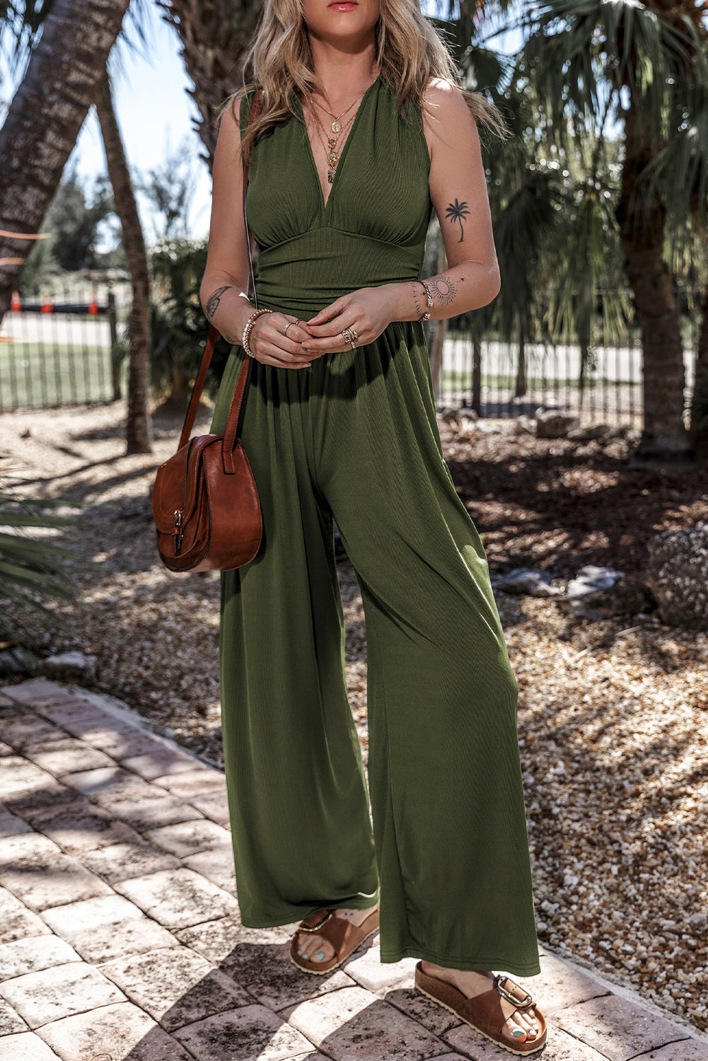 Ruched Sleeveless Wide Leg Jumpsuit