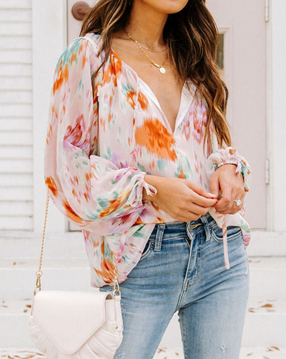 Abstract Floral Puff Sleeve Blouse