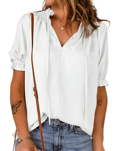 Frilled Split V-Neck Blouse