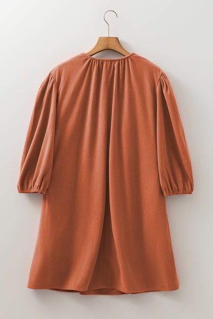 Corduroy Pleated Scallop Neck 3/4 Sleeve Mini Dress