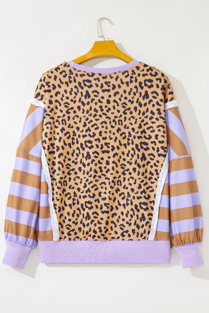 Plus Size Leopard Stripe Patchwork Side Slit Sweatshirt
