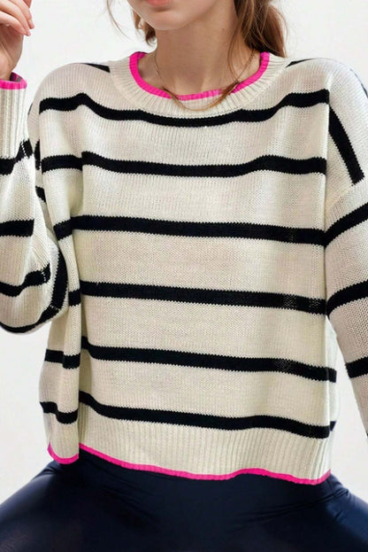 Stripe Contrast Trim Crewneck Sweater