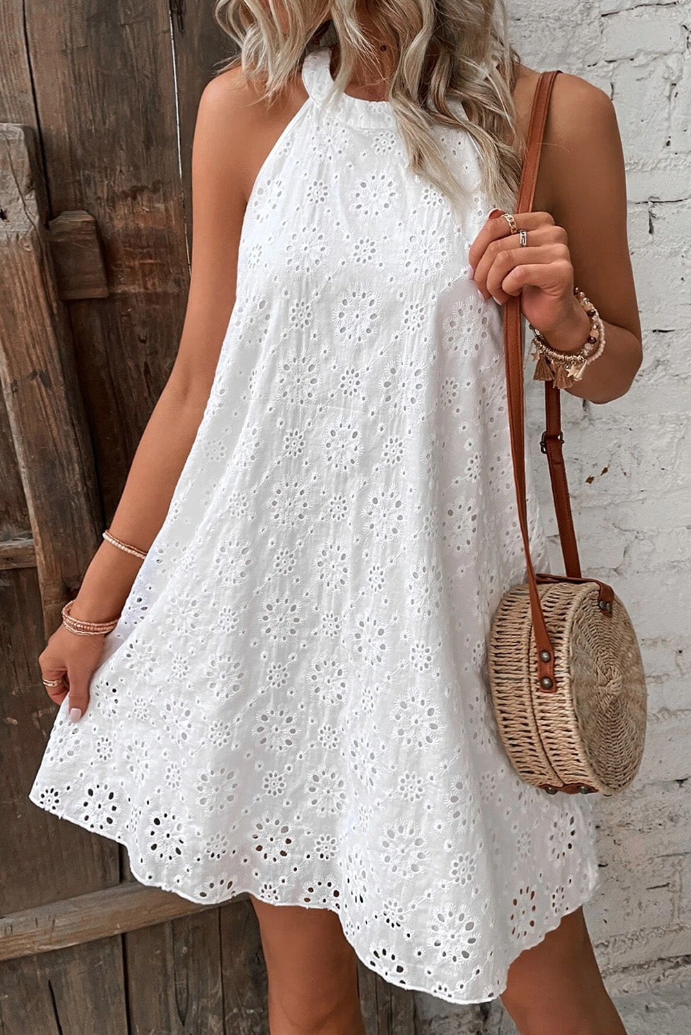 Eyelet Halter Neck Sleeveless Dress