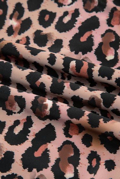 Leopard Mesh Patchwork V-Neck 3/4 Sleeve Swimsuit